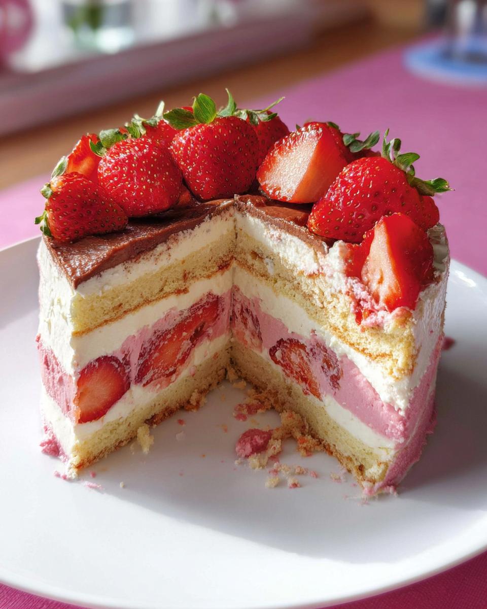 Schnittansicht eines saftigen Erdbeer Tiramisu Kuchen mit Schichten aus Biskuit, Creme und frischen Erdbeeren.