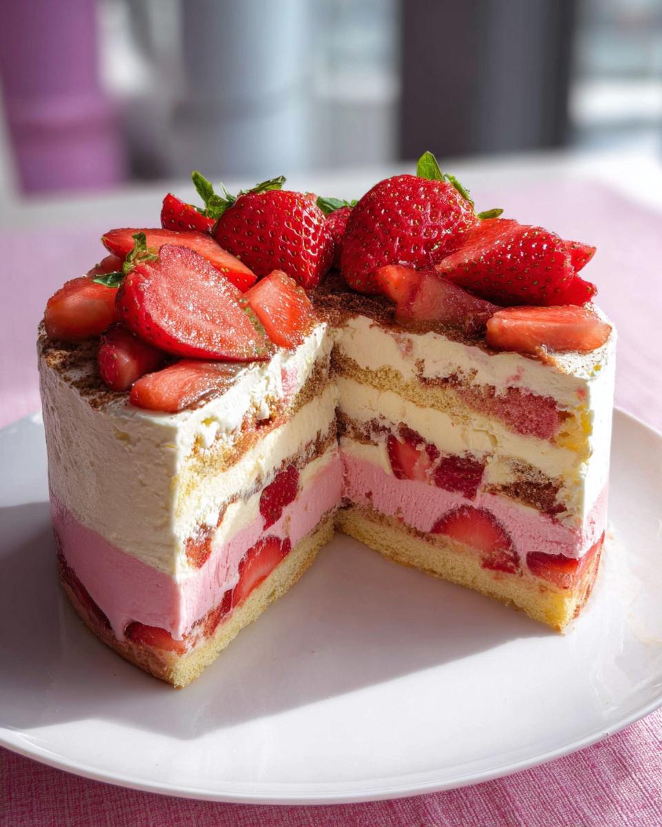 Schnittansicht eines mehrschichtigen Erdbeer Tiramisu Kuchen, belegt mit frischen Erdbeeren.