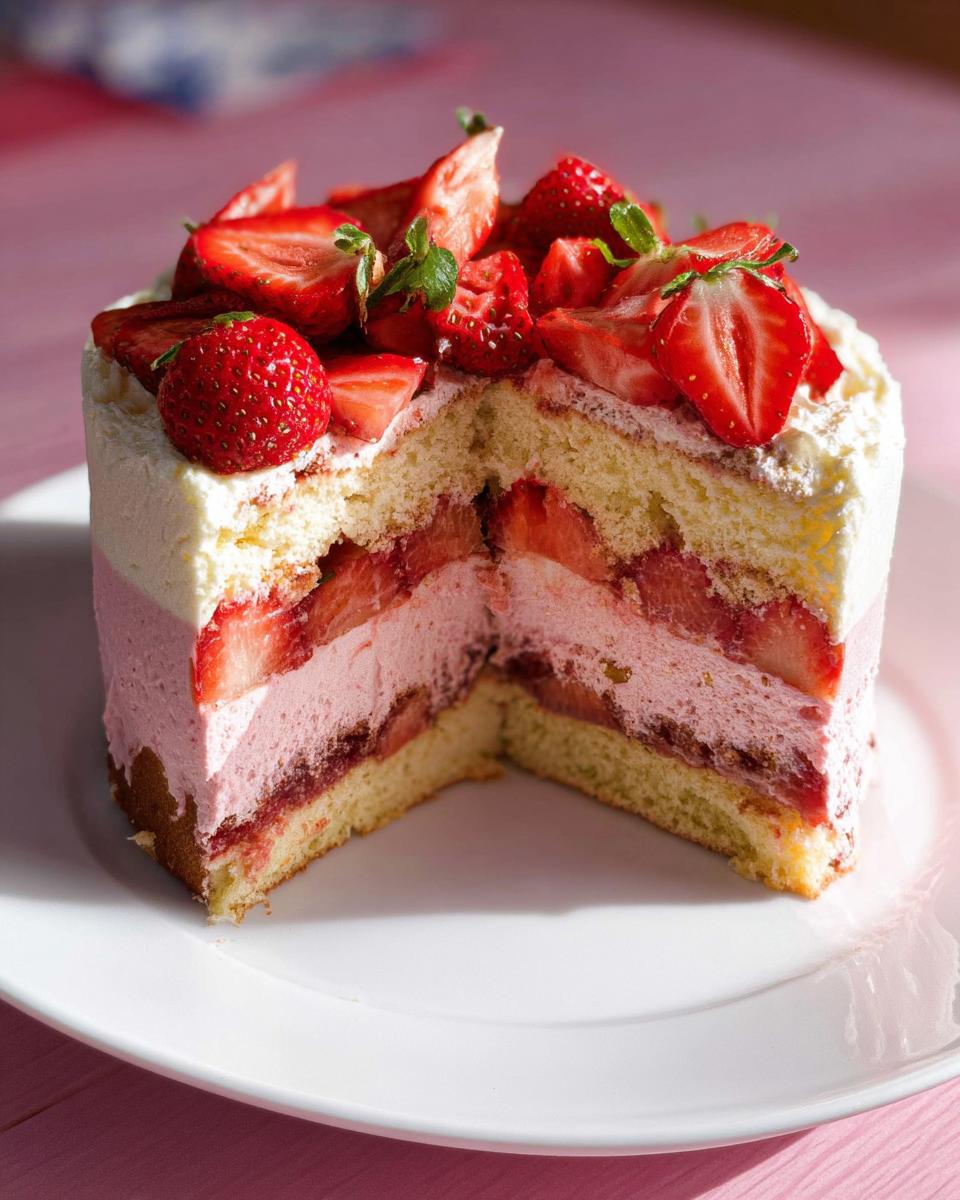 Schnittansicht eines saftigen Erdbeer Tiramisu Kuchen mit Schichten aus Biskuit, Erdbeer-Mousse und frischen Erdbeeren obenauf.