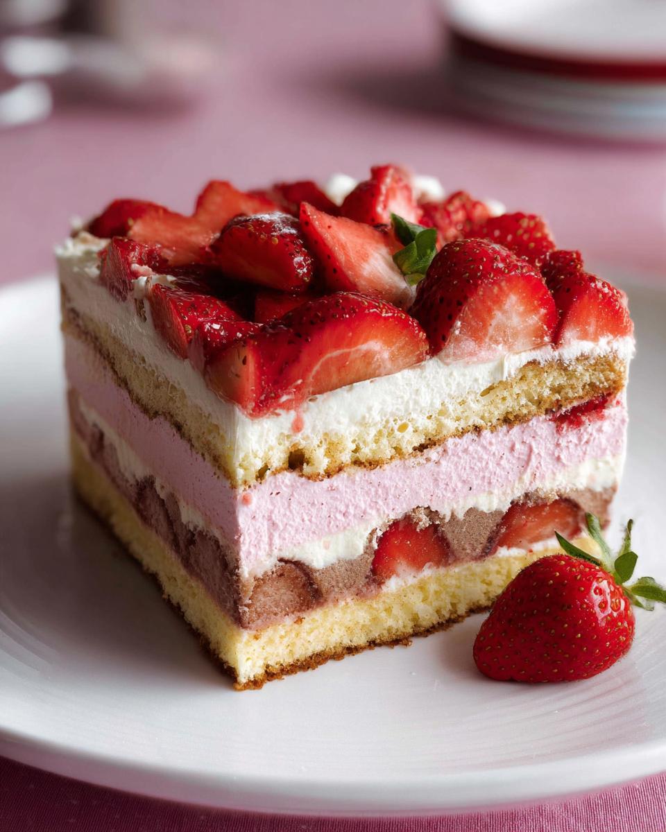 Ein saftiges Stück Erdbeer Tiramisu Kuchen mit Schichten aus Biskuit, Creme und frischen Erdbeeren.
