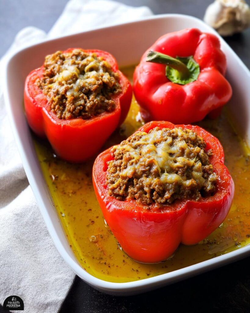 Drei rote Gefüllte Paprika mit magerem Hackfleisch und geschmolzenem Käse in einer weißen Auflaufform.