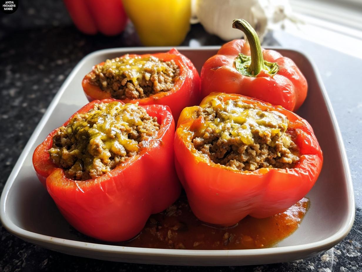 Vier rote Gefüllte Paprika mit magerem Hackfleisch und geschmolzenem Käse auf einem Teller.
