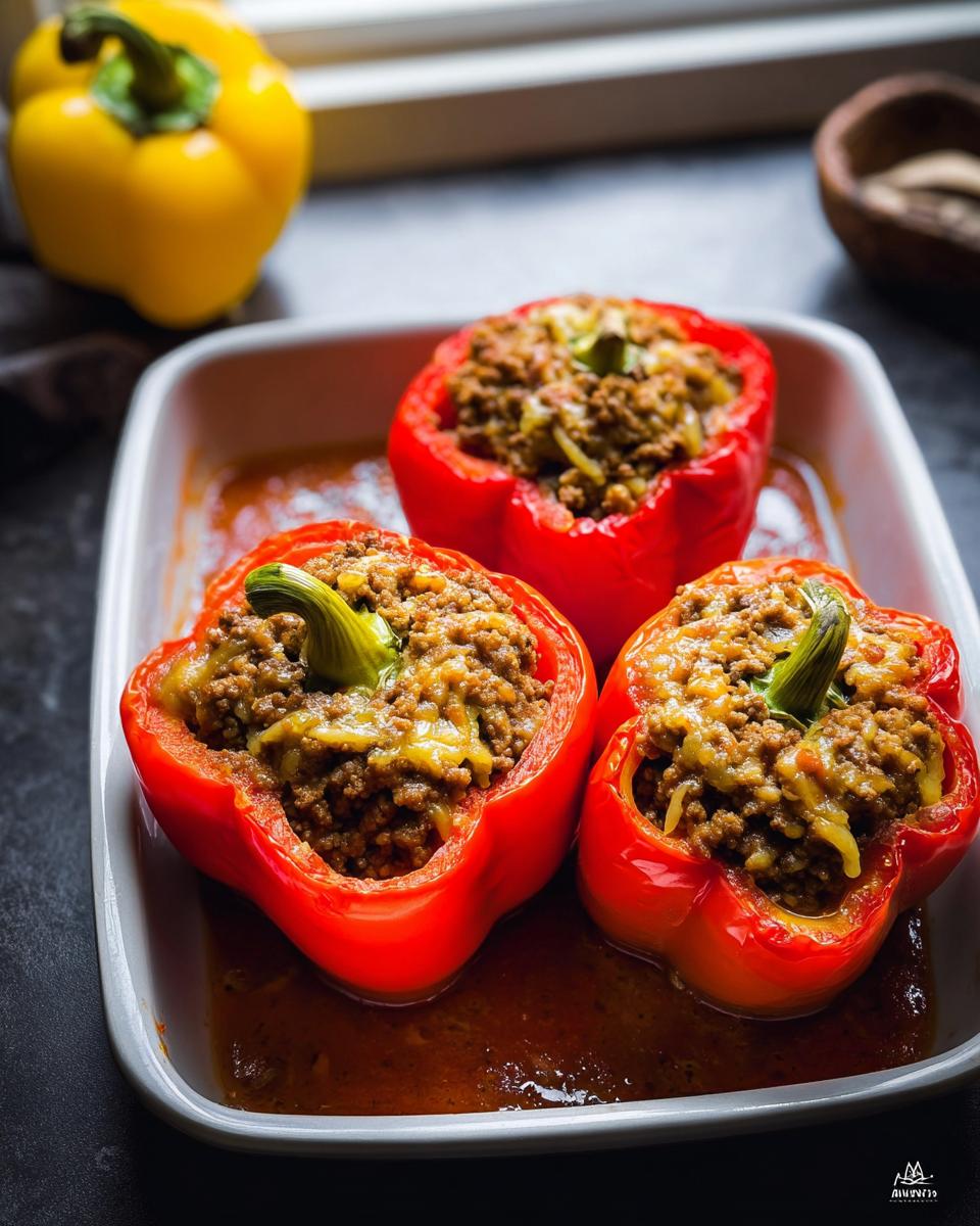 Drei rote Gefüllte Paprika mit magerem Hackfleisch und Käse in einer Auflaufform mit Tomatensauce.