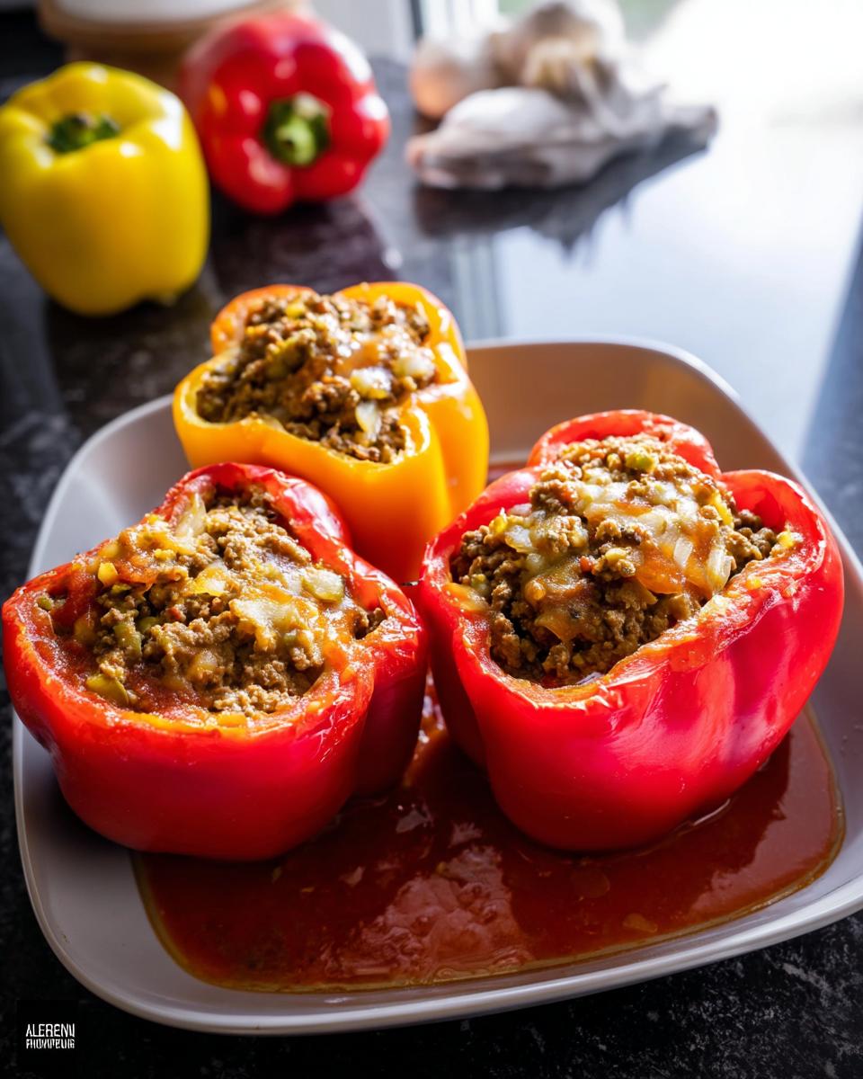 Drei gefüllte Paprika, zwei rote und eine gelbe, gefüllt mit magerem Hackfleisch und überbacken, serviert in Tomatensauce.