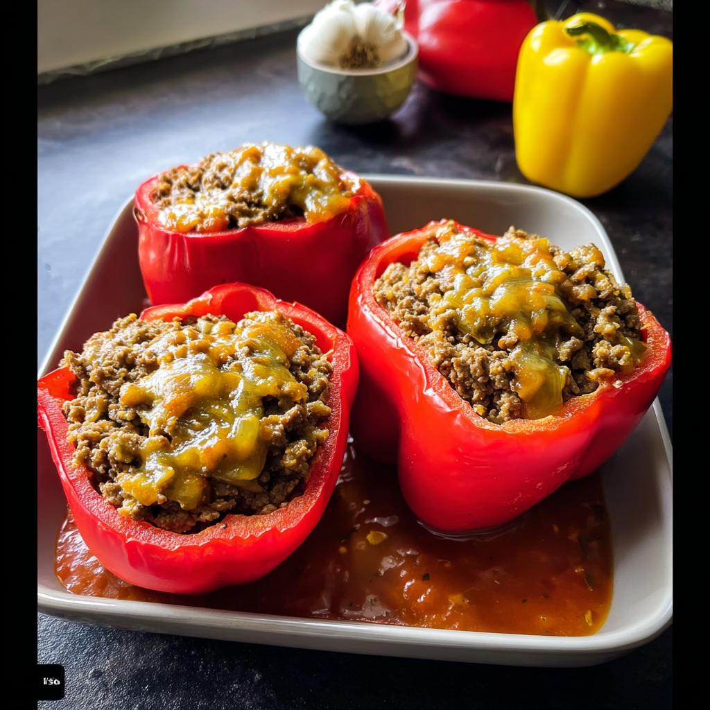 Drei rote Paprikahälften gefüllt mit magerem Hackfleisch und Tomatensauce, serviert in einer Auflaufform.