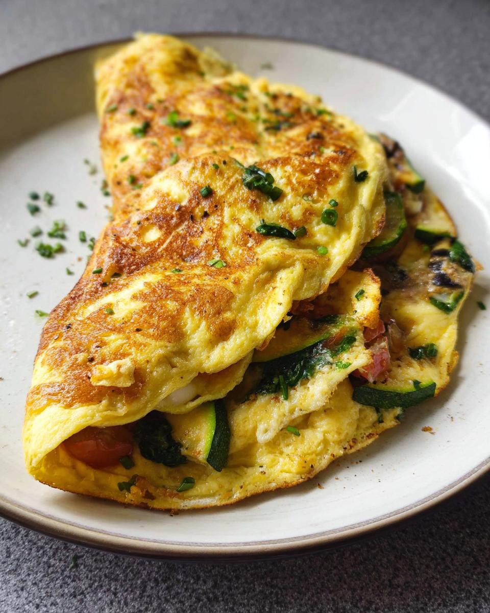 Ein goldbraunes, gefaltetes Gemüse-Omelett gefüllt mit Zucchini und Tomaten, garniert mit Schnittlauch.