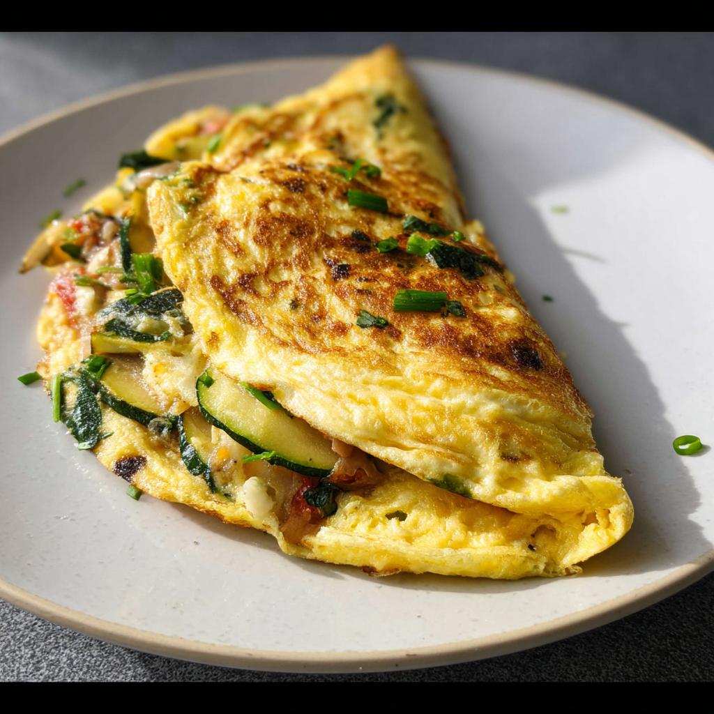 Ein gefaltetes, goldbraunes Gemüse-Omelett gefüllt mit Zucchini und Kräutern, serviert auf einem hellen Teller.