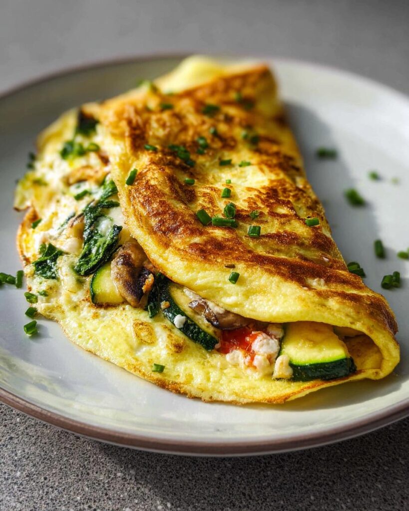 Gefaltetes Gemüse-Omelett gefüllt mit Zucchini, Pilzen und Spinat, garniert mit Schnittlauch.