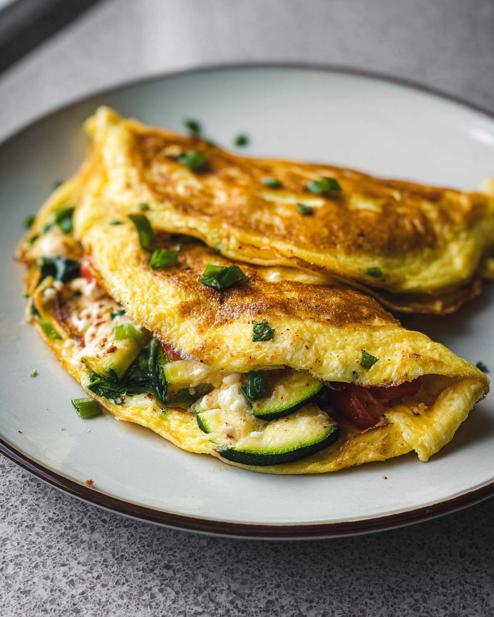 Ein aufgeschnittenes, goldbraunes Gemüse-Omelett gefüllt mit Zucchinischeiben, Käse und Frühlingszwiebeln, serviert auf einem Teller.