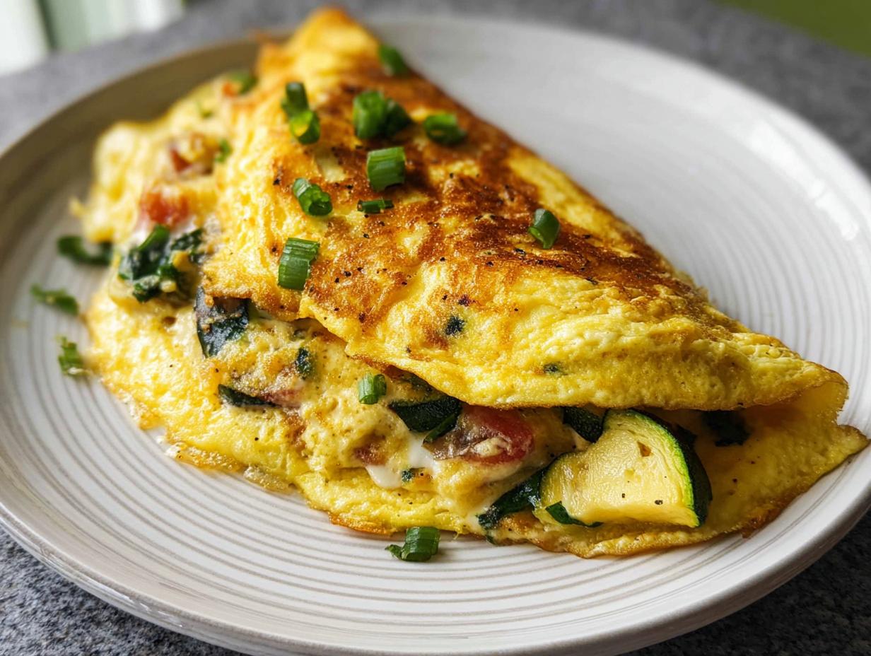 Nahaufnahme eines gefalteten Gemüse-Omelett mit Zucchini, Tomaten und Schnittlauch auf einem hellen Teller.