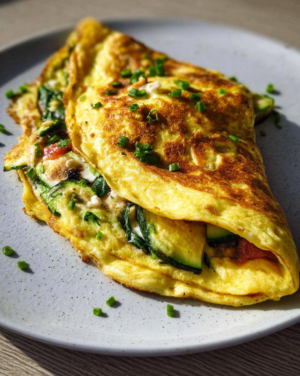 Nahaufnahme eines gefalteten Gemüse-Omelett, gefüllt mit Zucchini und garniert mit Schnittlauch.
