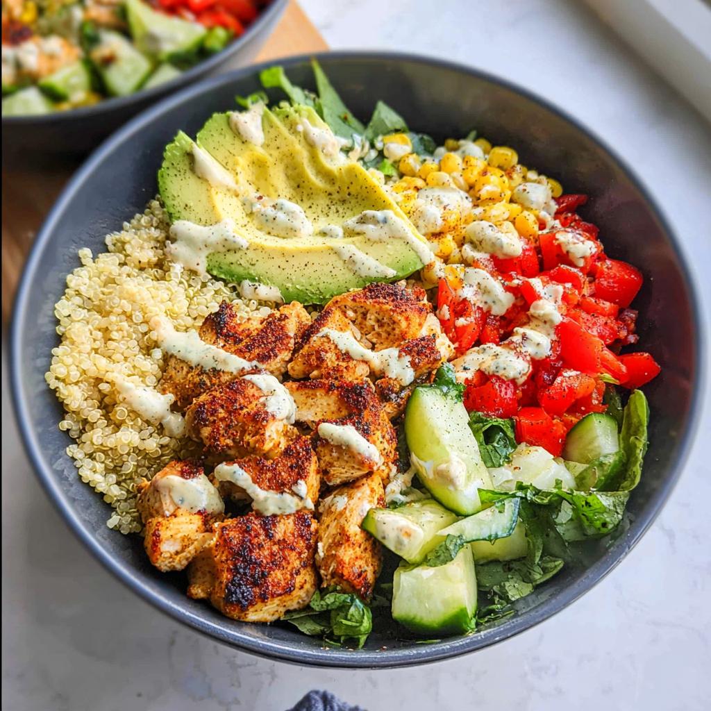 Nahaufnahme einer Gesunde Dinner Bowl mit Quinoa, gewürztem Hähnchen, Avocado und cremigem Dressing.
