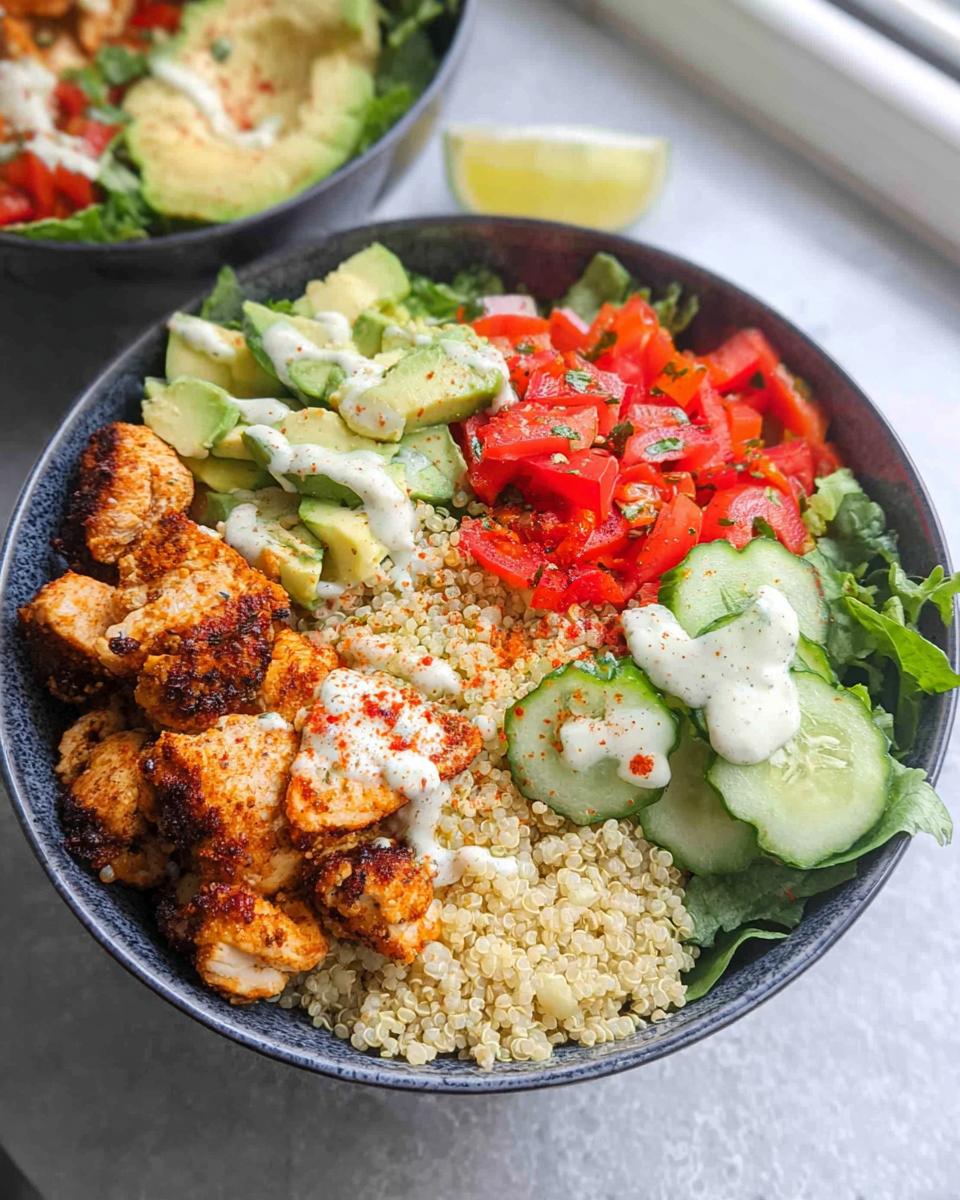 Nahaufnahme einer Gesunde Dinner Bowl mit gebratenem Hähnchen, Quinoa, Avocado, Tomaten und Gurken.