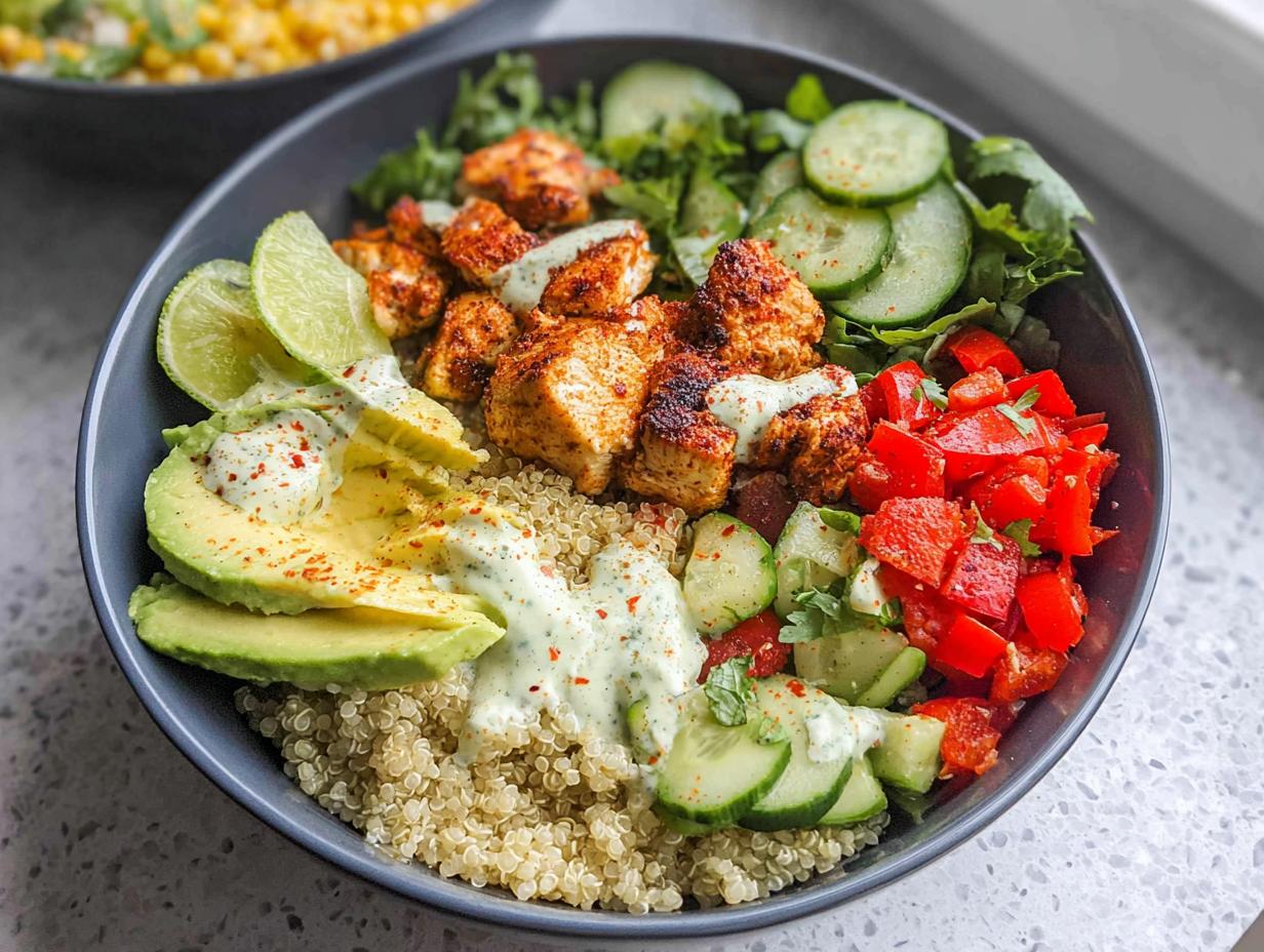 Nahaufnahme einer Gesunde Dinner Bowl mit Quinoa, gewürztem Hähnchen, Avocado, Gurken und roter Paprika.