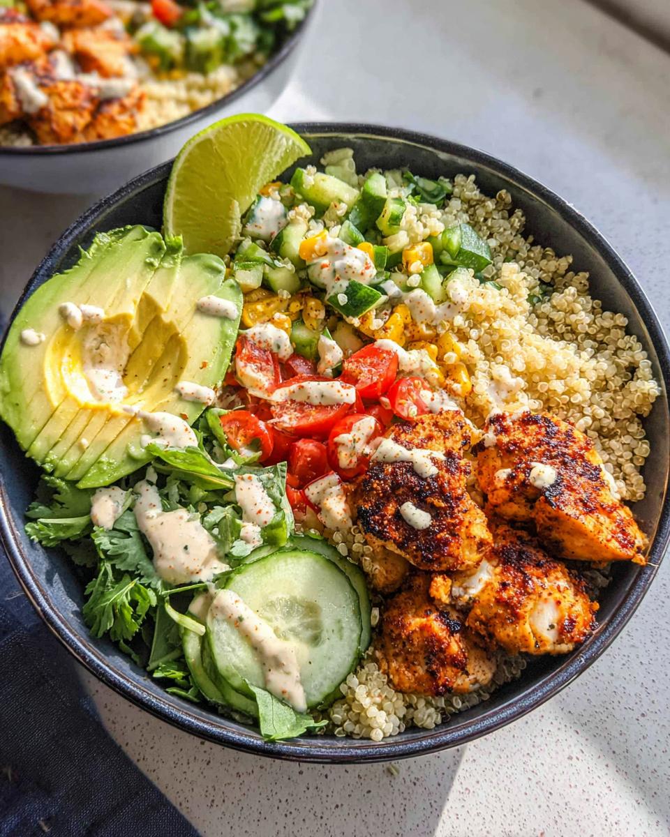 Nahaufnahme einer Gesunde Dinner Bowl mit Quinoa, gewürztem Hähnchen, Avocado, Gurke und einem cremigen Dressing.