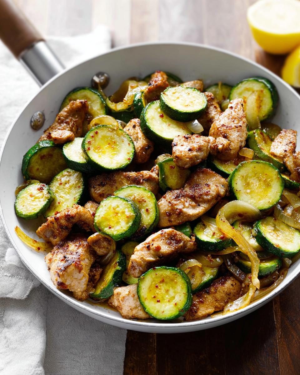 Gebratene Hähnchenstücke mit runden Zucchinischeiben und Zwiebeln in einer weißen Pfanne: die fertige Hähnchen-Zucchini-Pfanne.