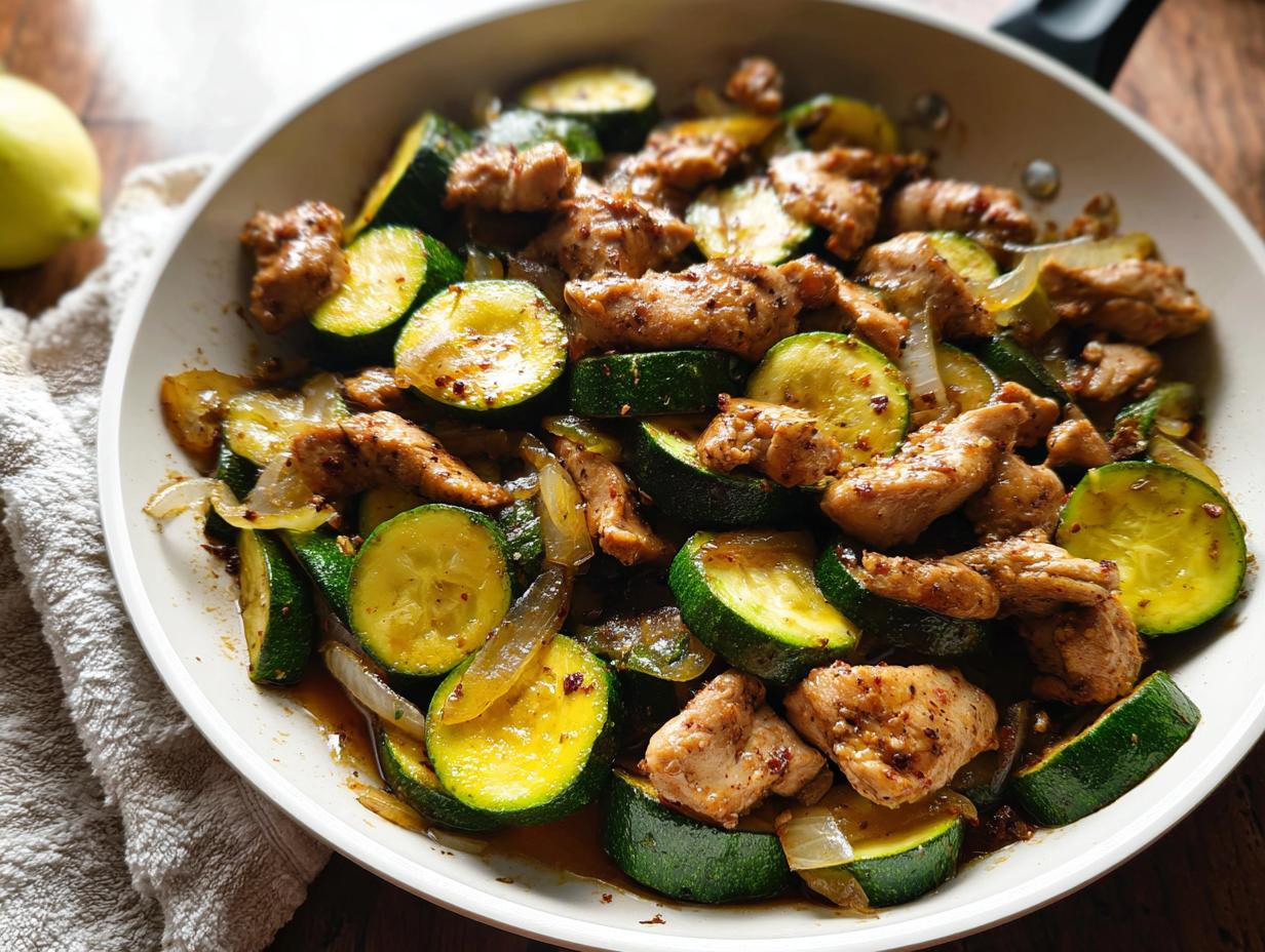 Nahaufnahme der fertigen Hähnchen-Zucchini-Pfanne mit gebratenen Hähnchenstücken und runden Zucchinischeiben.