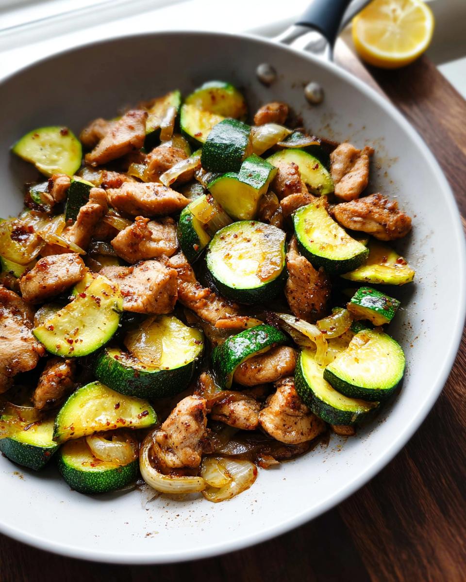 Nahaufnahme einer Hähnchen-Zucchini-Pfanne mit gebratenen Zucchinischeiben und Hähnchenstücken in einer hellen Pfanne.