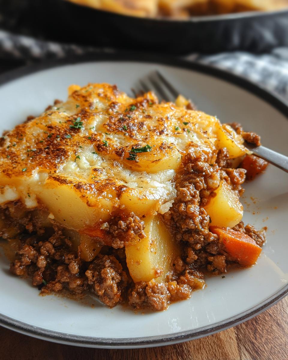 Ein Stück Hobo Auflauf mit Rindfleisch auf einem Teller, mit geschichteten Kartoffeln und Hackfleisch.