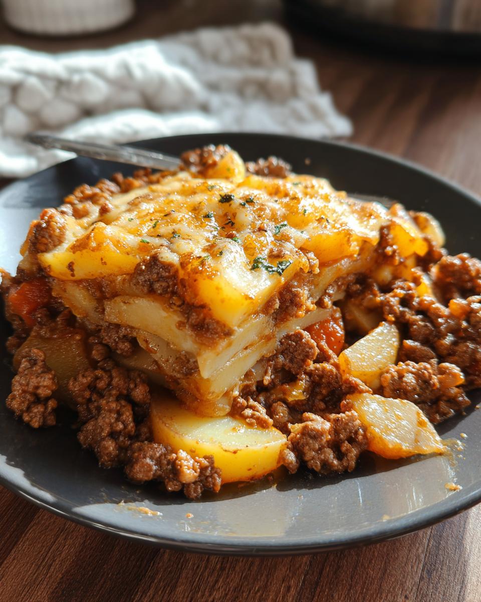 Ein Stück Hobo Auflauf mit Rindfleisch, geschichtet mit Kartoffeln und Hackfleisch, überbacken mit geschmolzenem Käse.