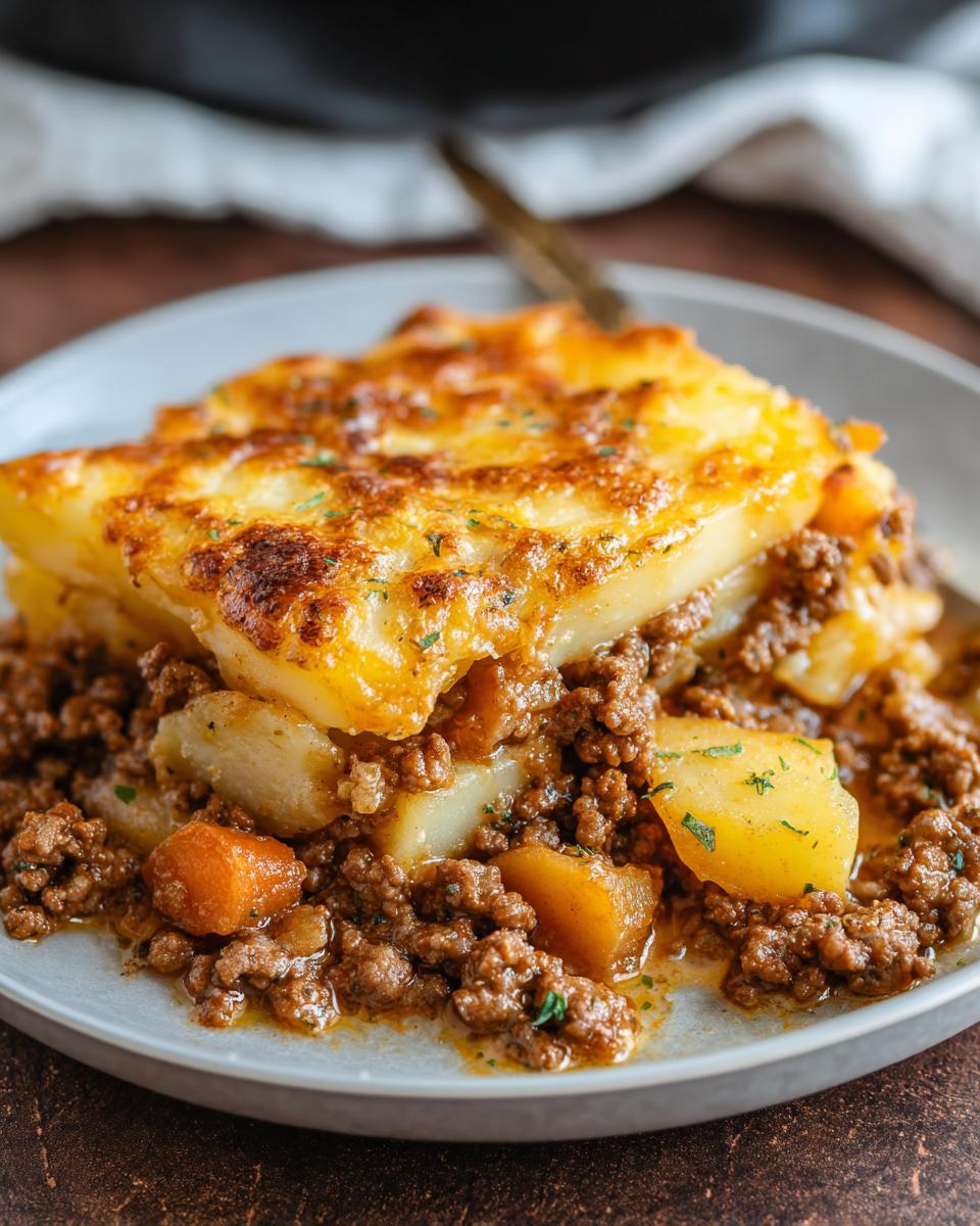 Eine Portion Hobo Auflauf mit Rindfleisch mit geschichteten Kartoffeln und Hackfleischsauce auf einem grauen Teller.