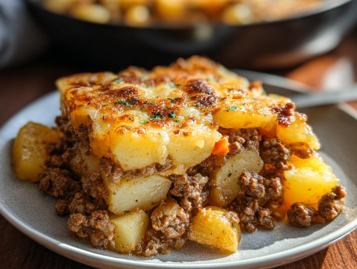 Ein Stück des gebackenen Hobo Auflauf mit Rindfleisch, geschichtet mit Kartoffeln und Hackfleisch, auf einem Teller.