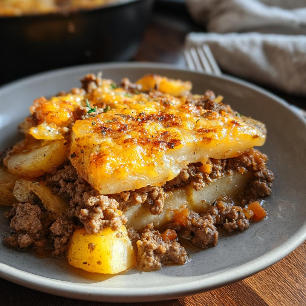 Ein Teller mit einer Portion Hobo Auflauf mit Rindfleisch, geschichtet mit Kartoffeln und Hackfleisch, goldbraun überbacken.