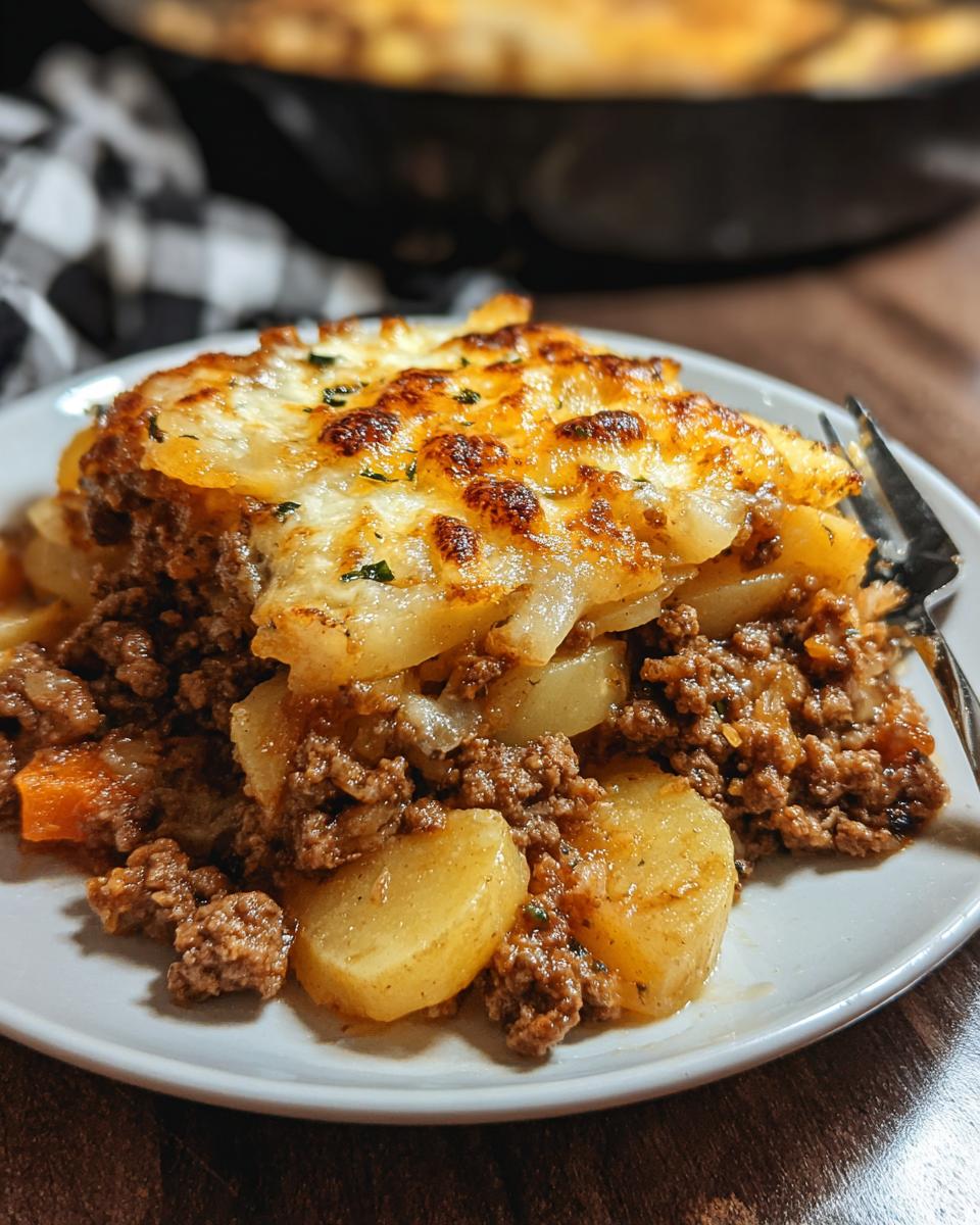 Ein Teller mit einer Portion Hobo Auflauf mit Rindfleisch, überbacken mit Käse und Kartoffelscheiben.