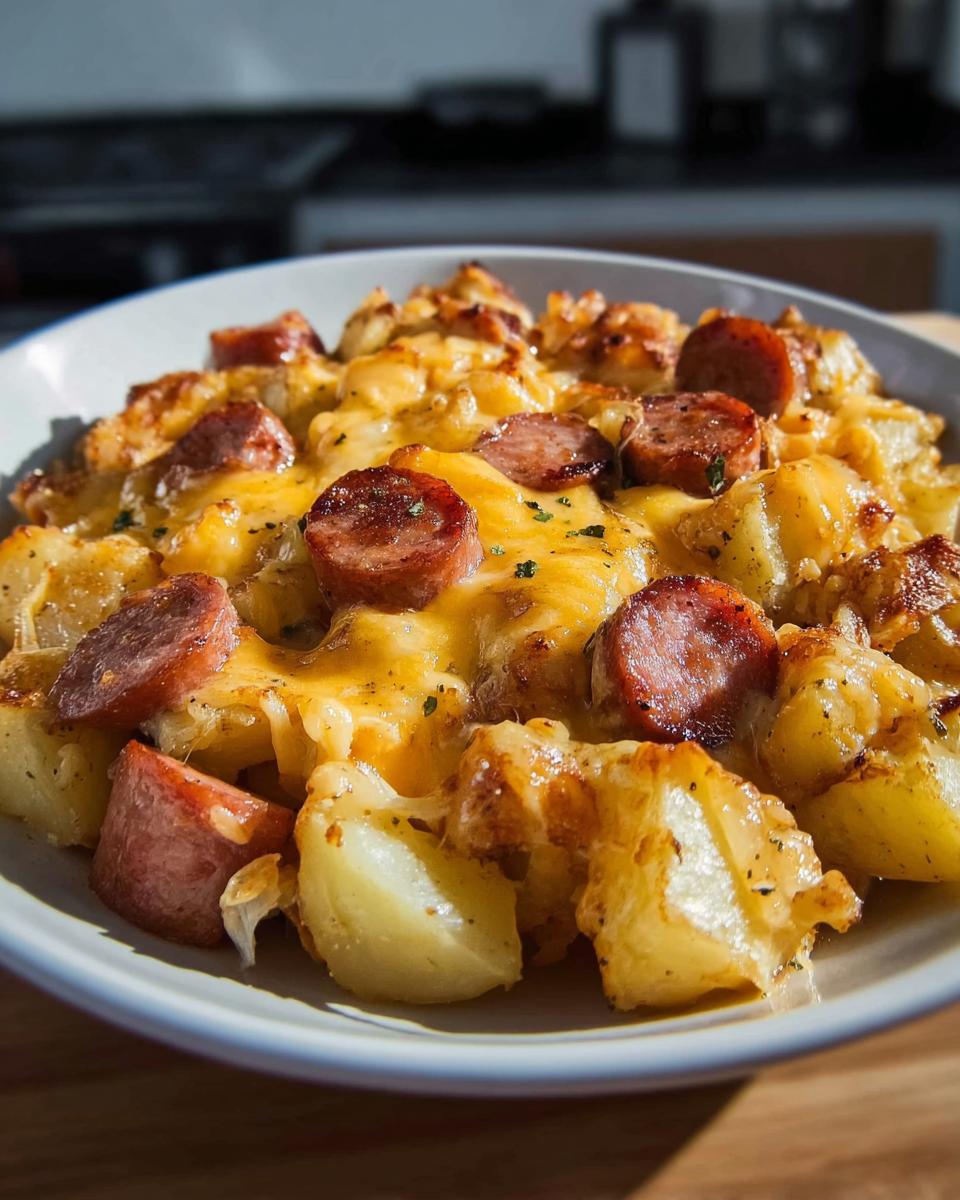 Nahaufnahme von Käsige Ranch-Kartoffeln mit geräucherter Wurst und geschmolzenem Käse.