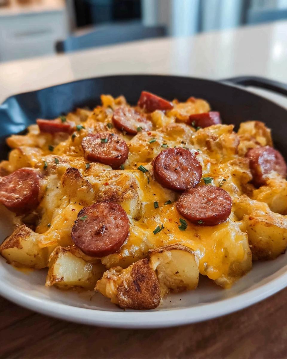 Nahaufnahme von Käsige Ranch-Kartoffeln mit geräucherter Wurst, bedeckt mit geschmolzenem Käse und Schnittlauch.