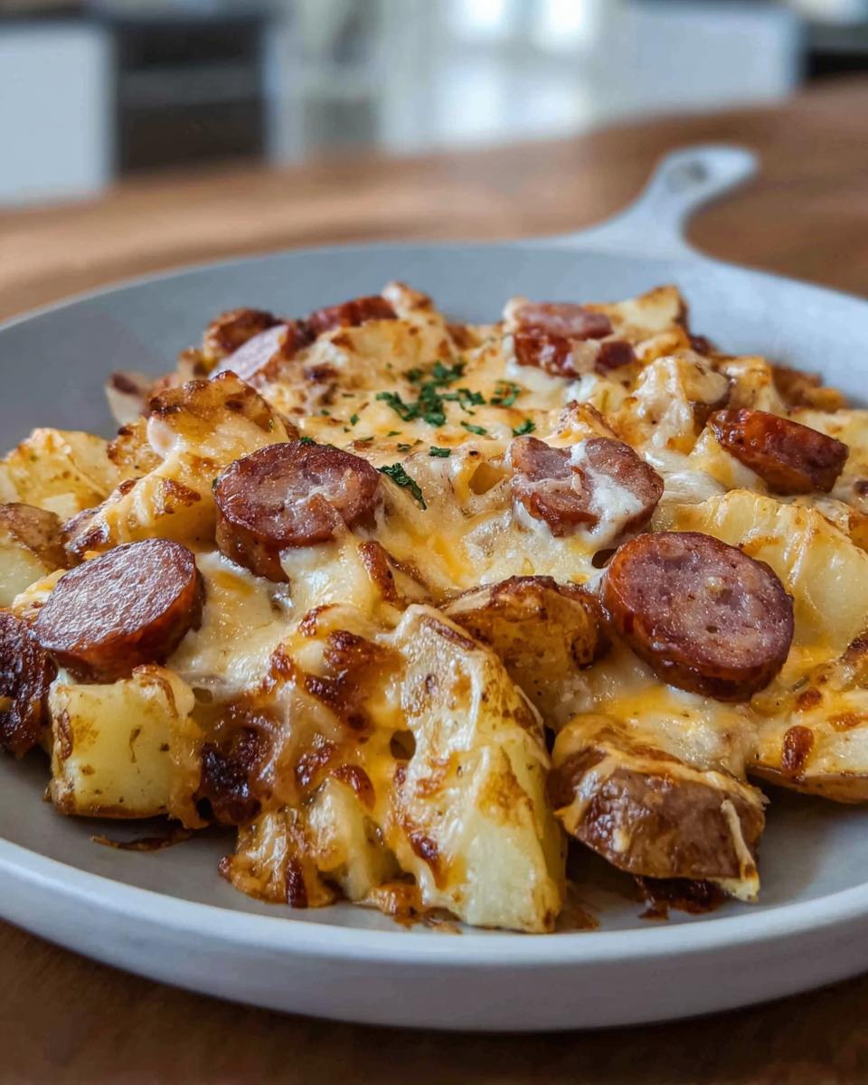 Nahaufnahme von Käsige Ranch-Kartoffeln mit geräucherter Wurst und geschmolzenem Käse auf einem grauen Teller.