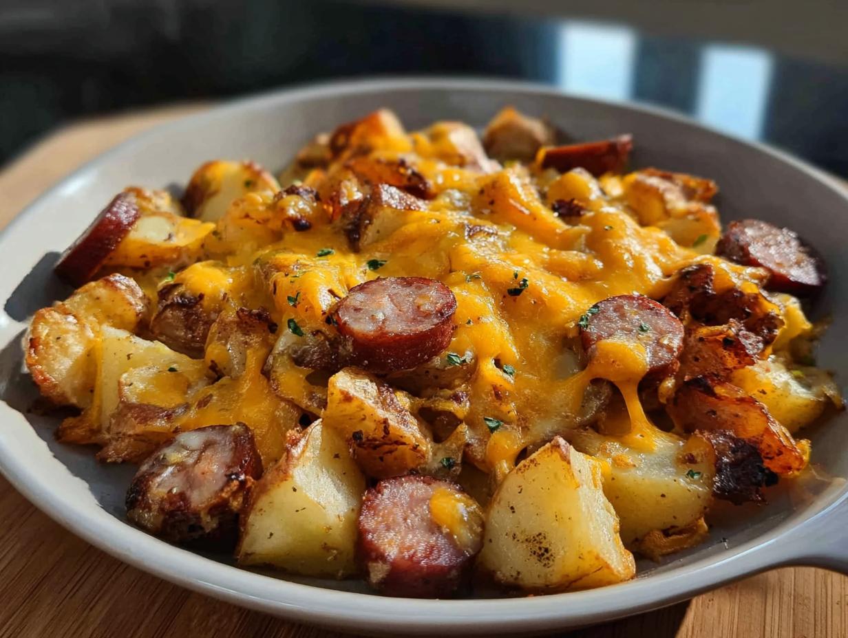 Nahaufnahme von Käsige Ranch-Kartoffeln mit geräucherter Wurst und geschmolzenem Cheddar in einer grauen Schüssel.
