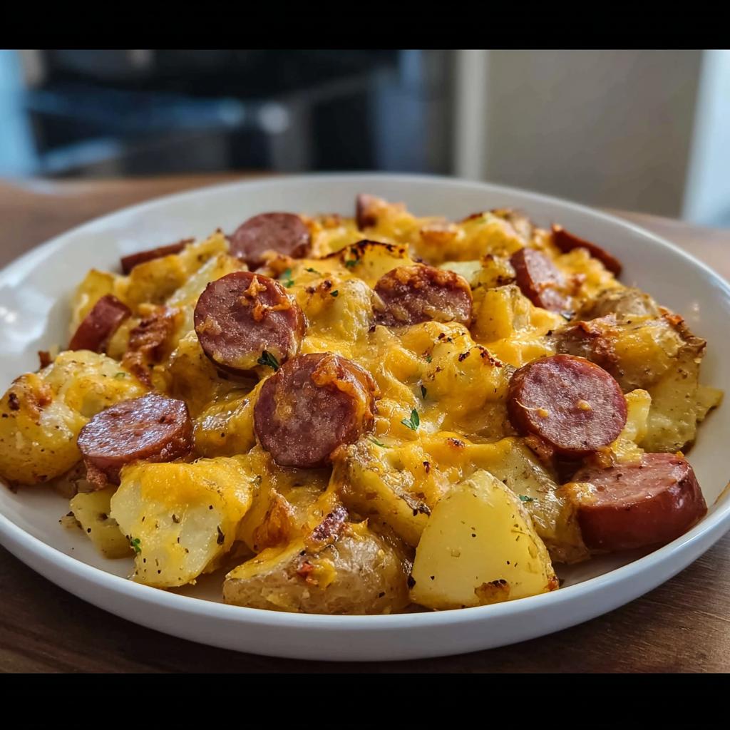 Nahaufnahme von Käsige Ranch-Kartoffeln mit Wurst, bedeckt mit geschmolzenem Cheddar-Käse.