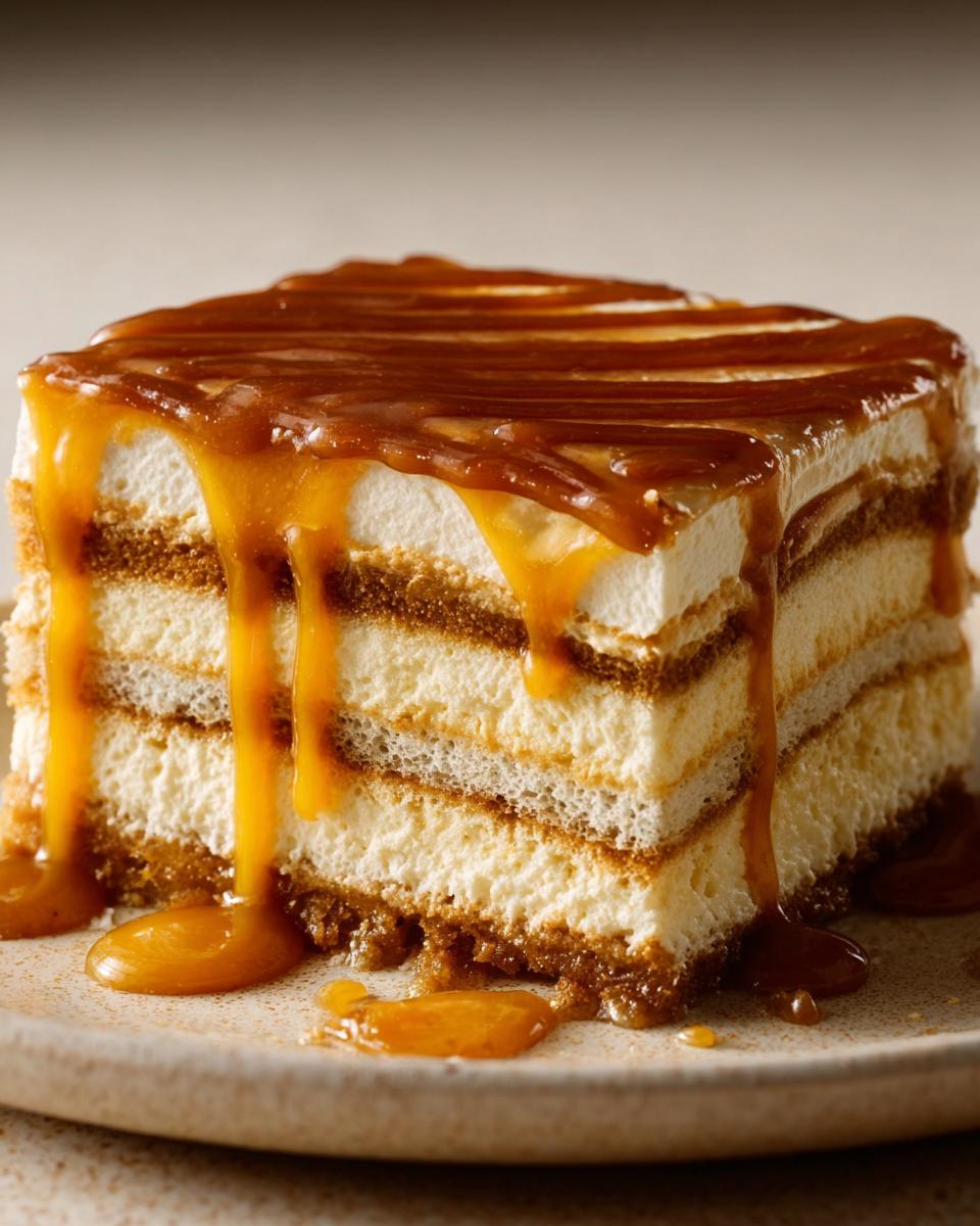 Ein Stück Karamell Tiramisu Kuchen mit reichlich Karamellsauce, die über die Schichten tropft.