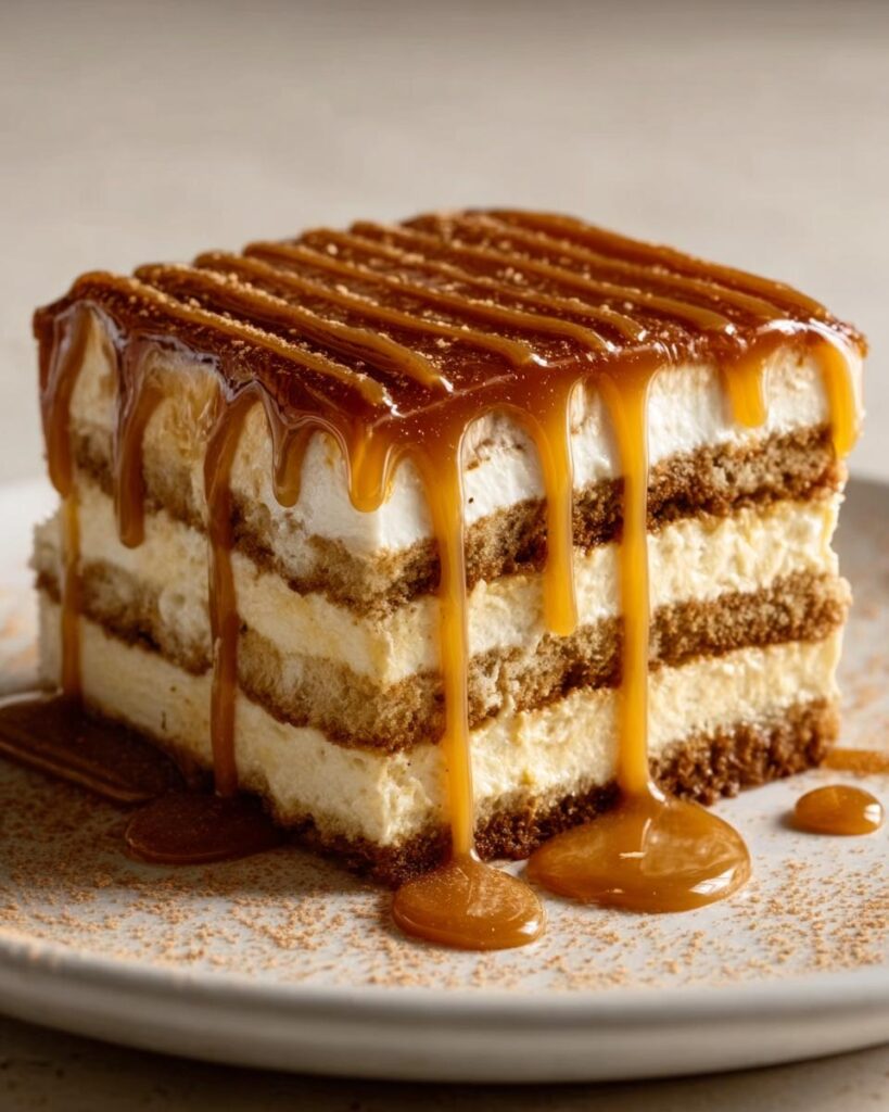 Ein Stück Karamell Tiramisu Kuchen mit reichlich Karamellsauce, die über die Schichten tropft.