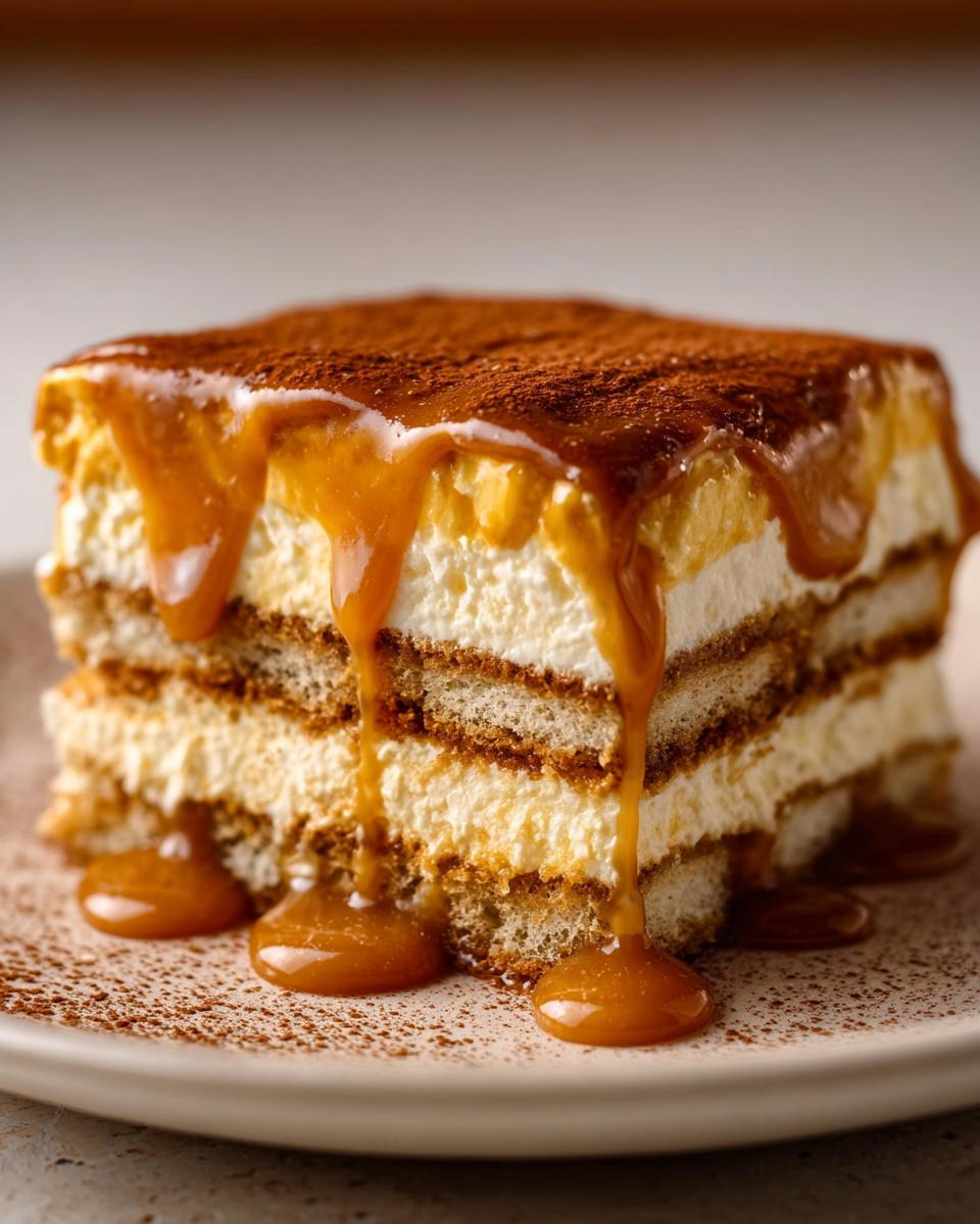 Nahaufnahme eines Stücks Karamell Tiramisu Kuchen, übergossen mit flüssigem Karamell und bestäubt mit Kakao.