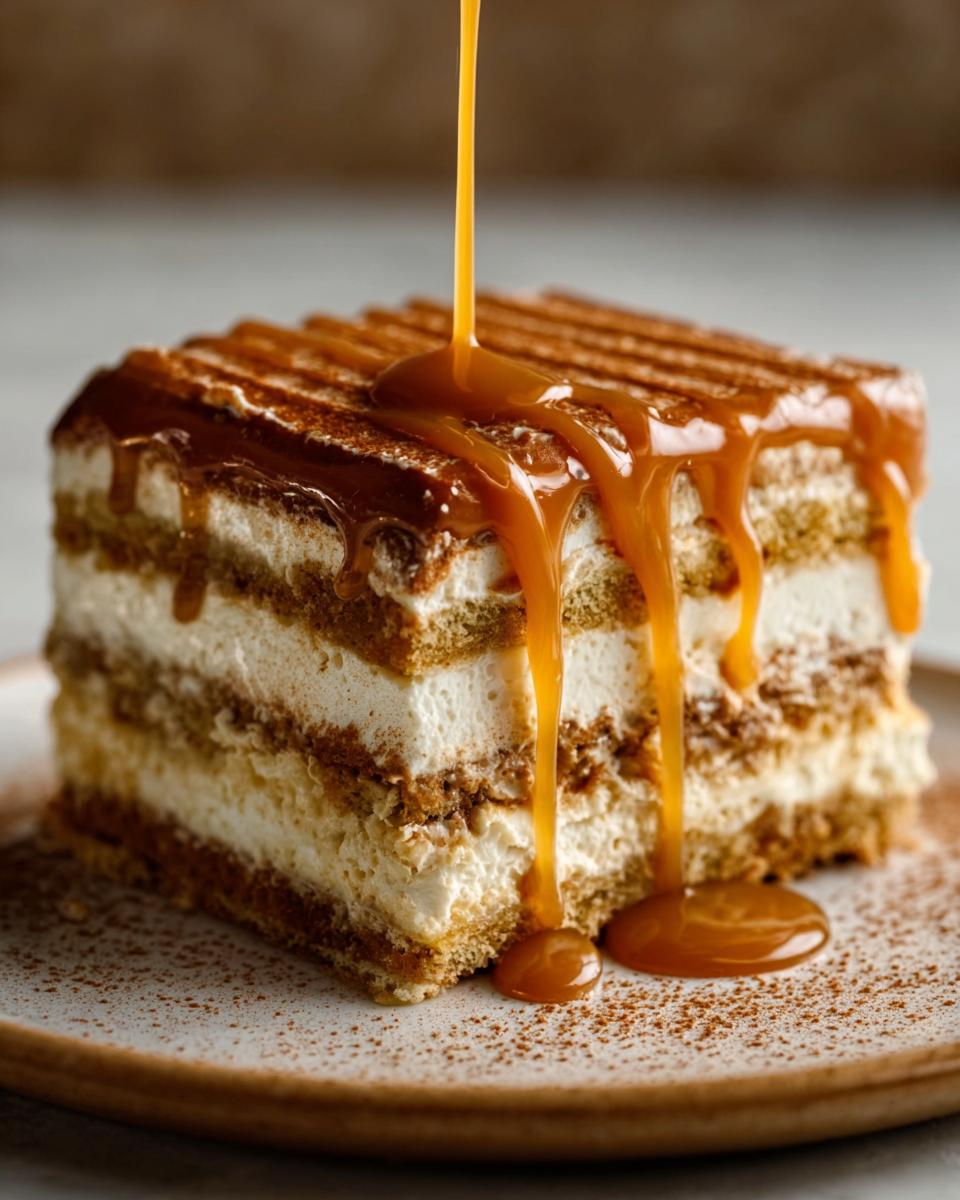 Ein Stück Karamell Tiramisu Kuchen wird mit flüssigem Karamell übergossen.