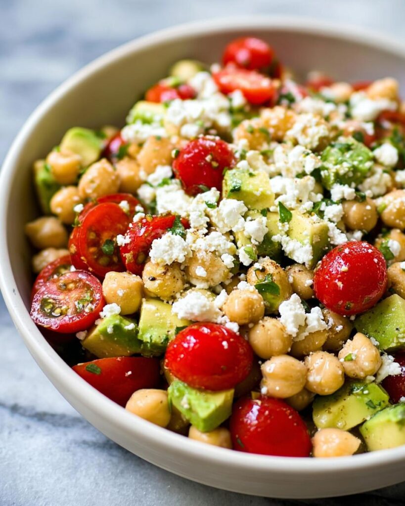 Nahaufnahme des fertigen Kichererbsen Feta Avocado Salat mit Kirschtomaten und Kräutern.