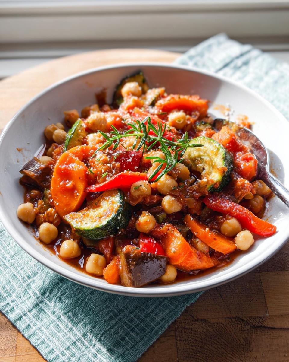 Nahaufnahme einer Mediterrane Kichererbsen-Gemüse-Pfanne mit Zucchini, Karotten und frischem Rosmarin.