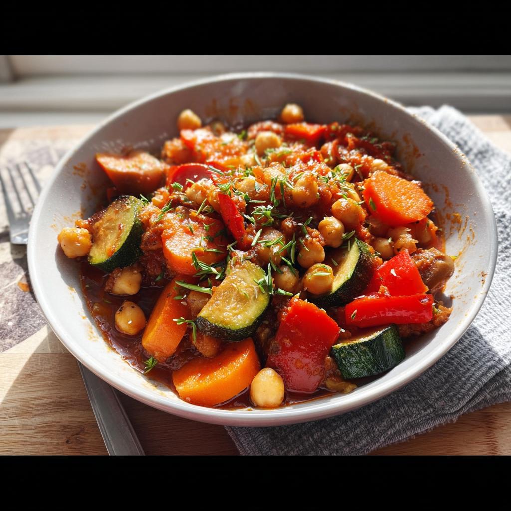 Nahaufnahme einer Mediterrane Kichererbsen-Gemüse-Pfanne mit Zucchini, Karotten und Paprika.