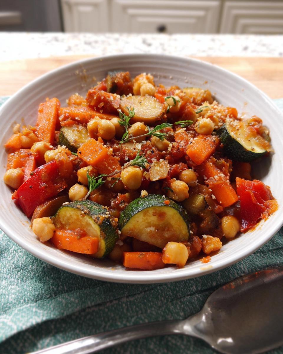 Nahaufnahme einer Mediterrane Kichererbsen-Gemüse-Pfanne mit Zucchini, Karotten und Kichererbsen.
