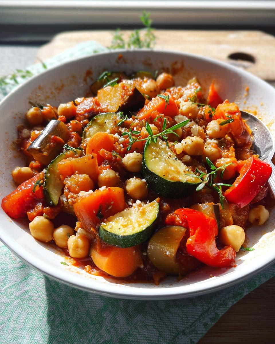 Nahaufnahme einer Mediterrane Kichererbsen-Gemüse-Pfanne mit Zucchini, Paprika und Kichererbsen.