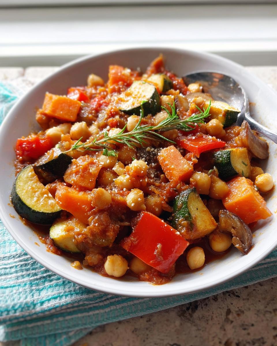 Nahaufnahme der Mediterrane Kichererbsen-Gemüse-Pfanne mit Zucchini, Paprika und Rosmarin.