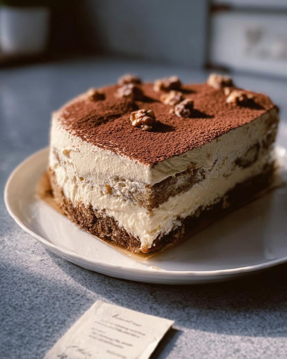 Ein Stück Nussiger Tiramisu Kuchen mit cremigen Schichten und Walnüssen auf der Kakaopulver-Oberfläche.