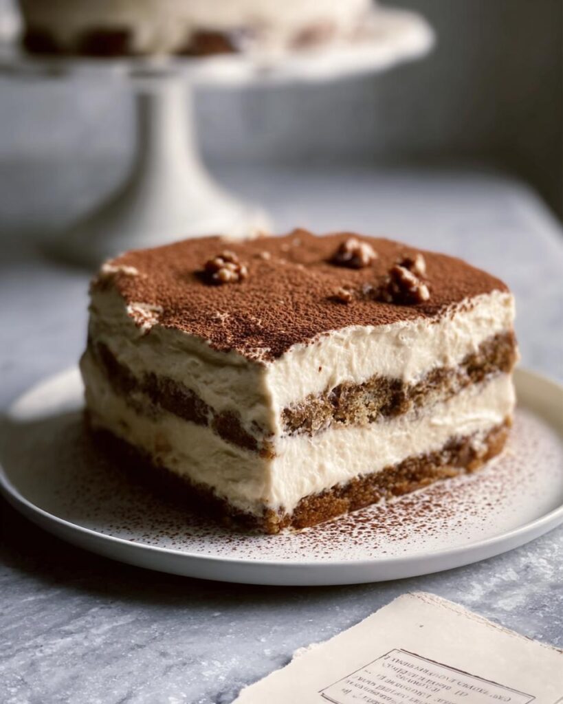 Ein Stück Nussiger Tiramisu Kuchen mit Schichten aus Creme und getränkten Böden, bestäubt mit Kakao und Walnüssen.
