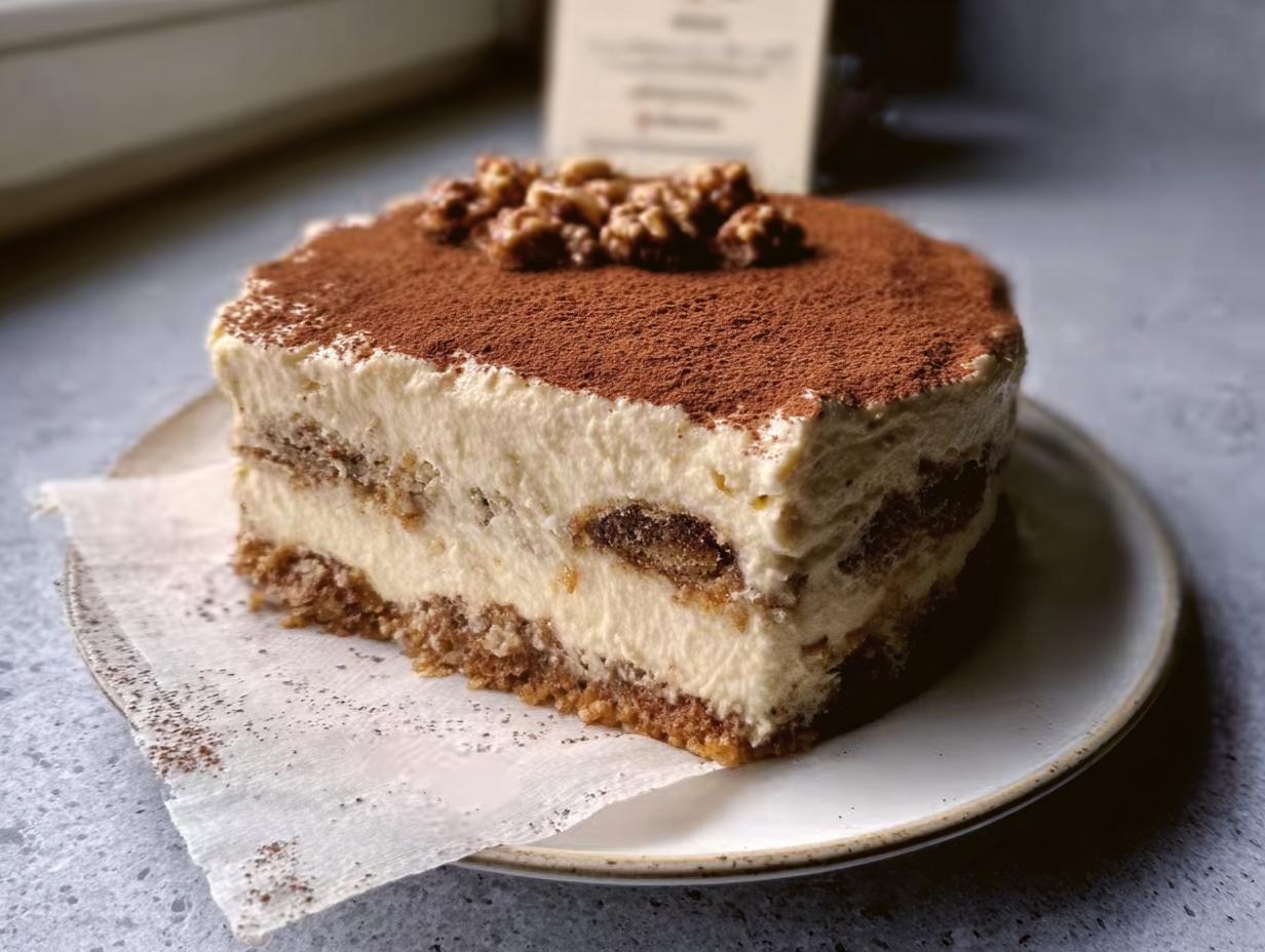 Ein Stück Nussiger Tiramisu Kuchen, bestäubt mit Kakao und garniert mit Walnüssen auf einem Teller.