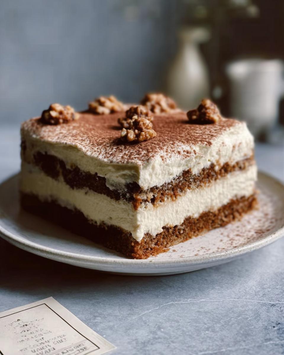 Ein Stück Nussiger Tiramisu Kuchen mit Schichten aus dunklem Boden und heller Creme, garniert mit Walnüssen und Kakaopulver.