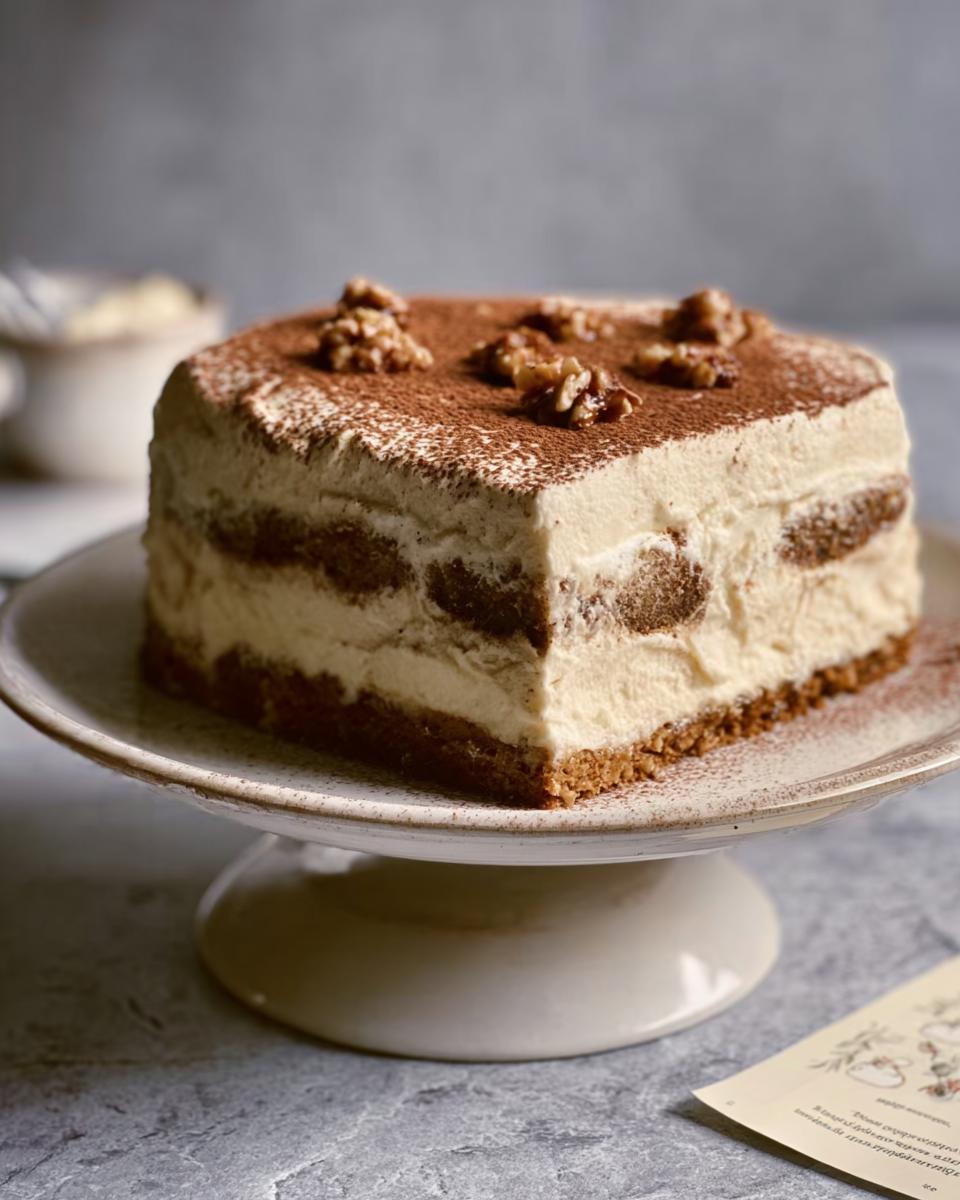 Ein Stück Nussiger Tiramisu Kuchen auf einer Tortenplatte, bestäubt mit Kakao und garniert mit Walnüssen.