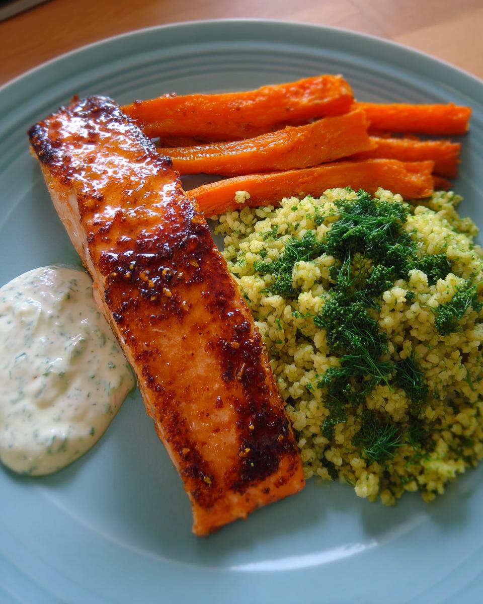 Fertiges Gericht mit Ofen-Lachs mit Brokkoli & Senf-Dill-Joghurt, Karotten und Couscous auf einem blauen Teller.