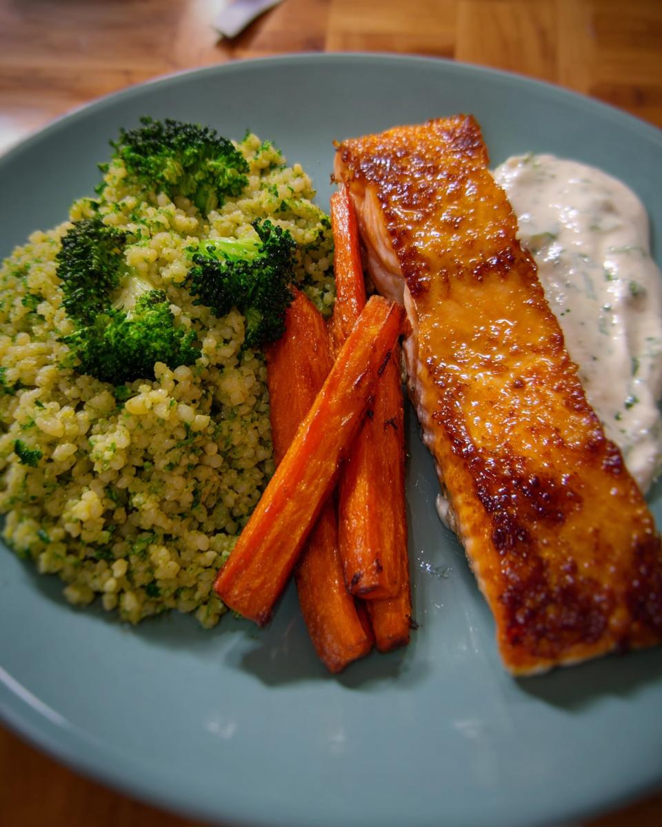 Fertiger Ofen-Lachs mit Brokkoli-Couscous, gebratenen Karotten und Senf-Dill-Joghurt.